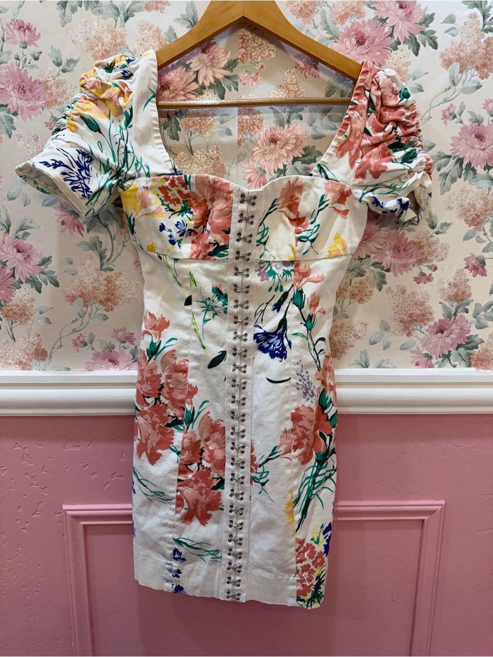 Urban Outfitters White Mini Dress with Coral, Green & Blue Floral Print